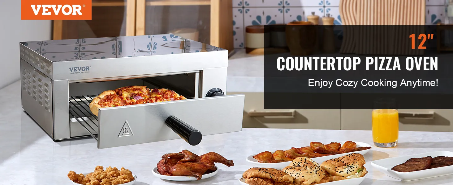 VEVOR electric pizza oven with pizza, chicken, and sandwiches on a countertop in a cozy kitchen setting.