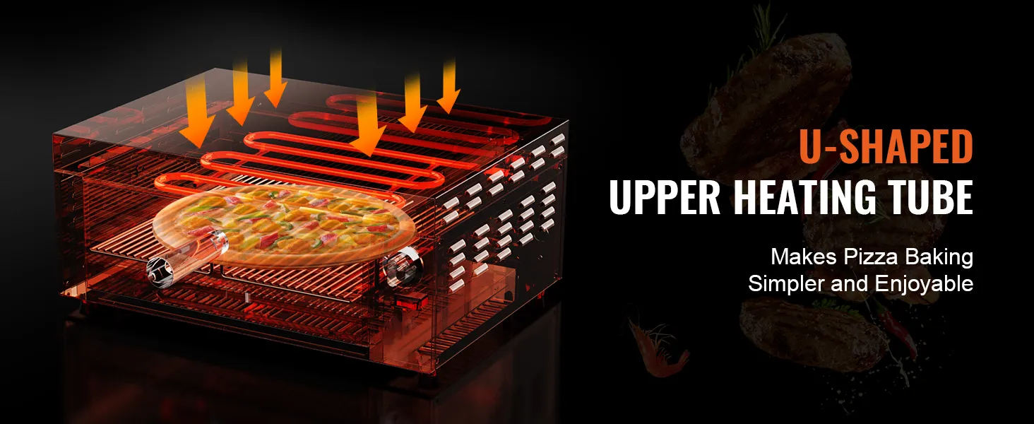 VEVOR electric pizza oven with u-shaped upper heating tube, enhancing pizza baking efficiency and enjoyment.