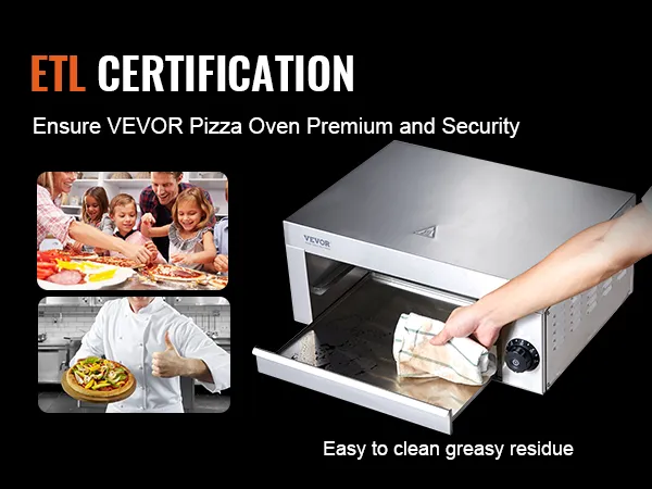 etl certified VEVOR electric pizza oven, safe and easy to clean, with chef demonstrating thumbs up.