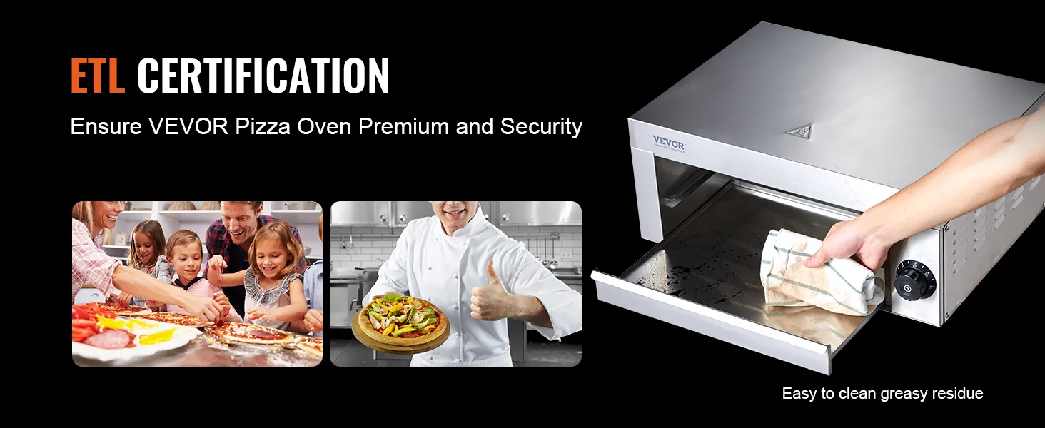 etl certified VEVOR electric pizza oven, safe and easy to clean, with chef demonstrating thumbs up.