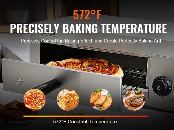 VEVOR electric pizza oven showcasing 572°f precise baking temperature for perfect pizza and baked goods.