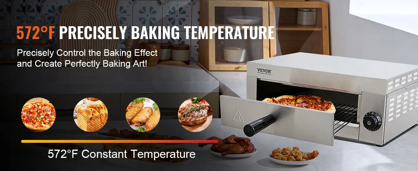 VEVOR electric pizza oven showcasing 572°f precise baking temperature for perfect pizza and baked goods.