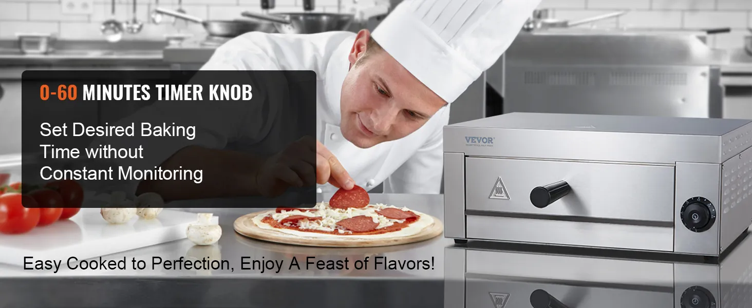 chef preparing pizza next to VEVOR electric pizza oven with 0-60 minutes timer knob for easy baking.