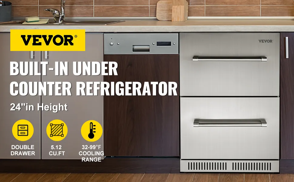 Refrigerador bajo mesada VEVOR con cajón doble, 5,12 pies cúbicos, rango de enfriamiento de 32 a 99 °F, altura de 24".