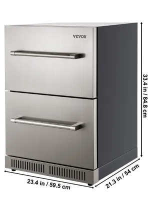 Refrigerador bajo encimera VEVOR con dos cajones de acero inoxidable y dimensiones 23,4" x 21,3" x 33,4".