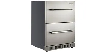 Refrigerador bajo encimera VEVOR de acero inoxidable con dos cajones y elegantes tiradores.
