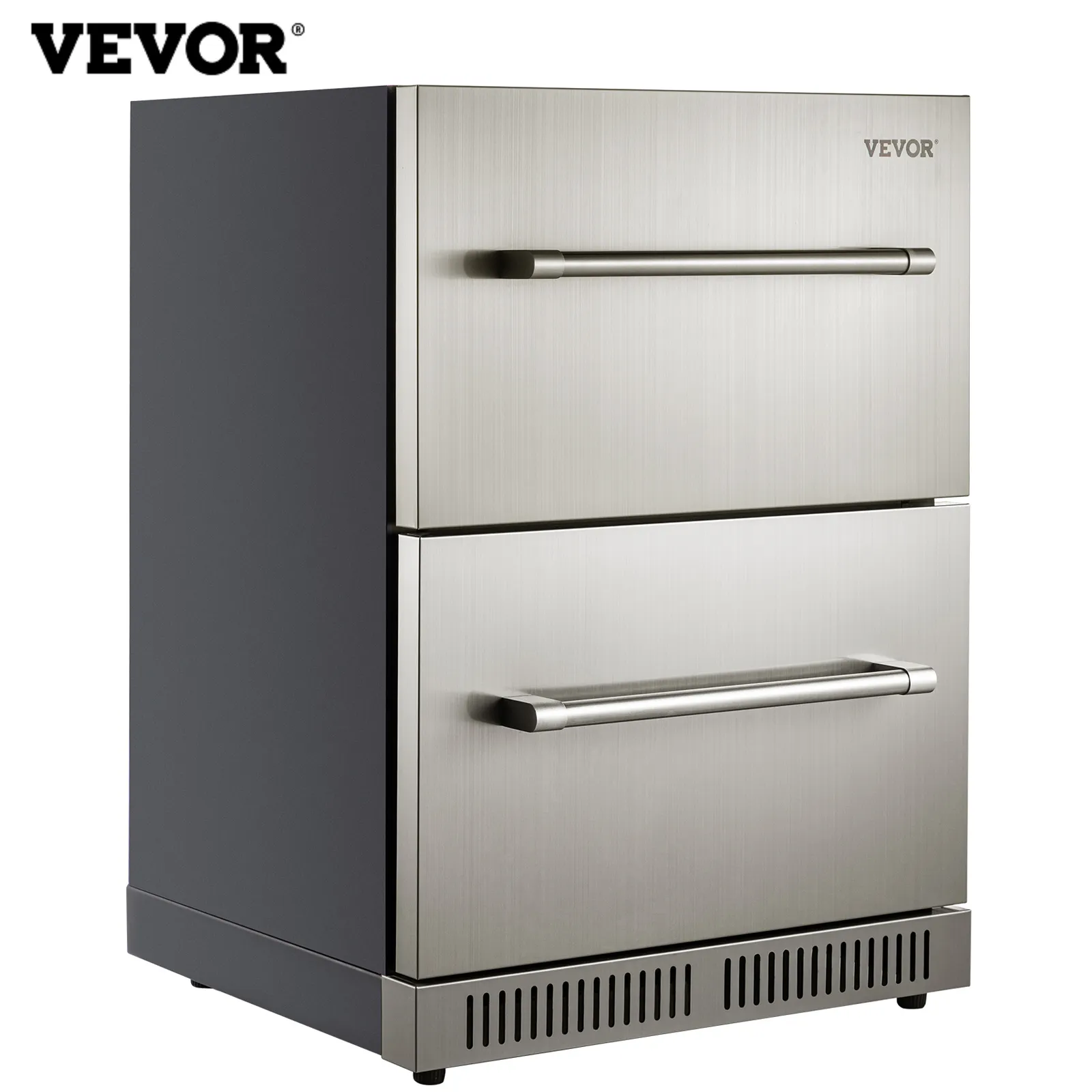 Refrigerador bajo encimera VEVOR con cajones dobles de acero inoxidable y diseño elegante.