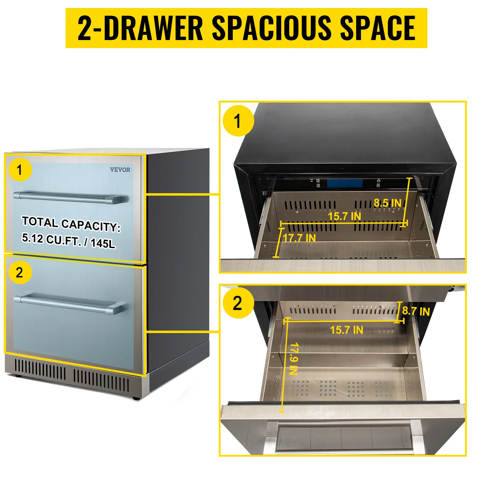 Refrigerador bajo mesada VEVOR de acero inoxidable con 2 cajones, capacidad de 5,12 pies cúbicos y medidas detalladas.