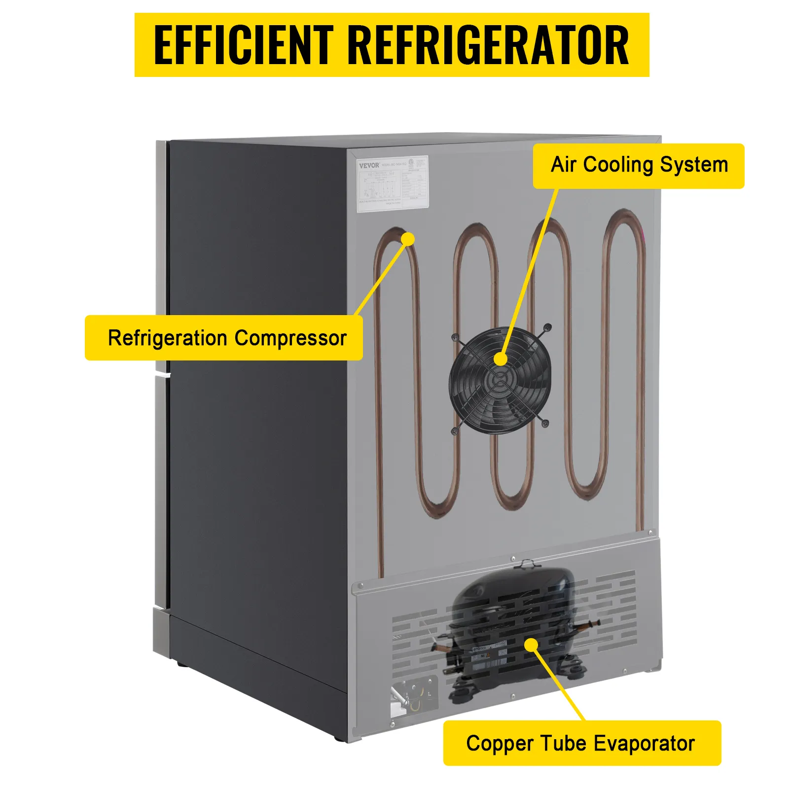 Refrigerador bajo mesada VEVOR con sistema de enfriamiento por aire, compresor de refrigeración y evaporador de tubo de cobre.