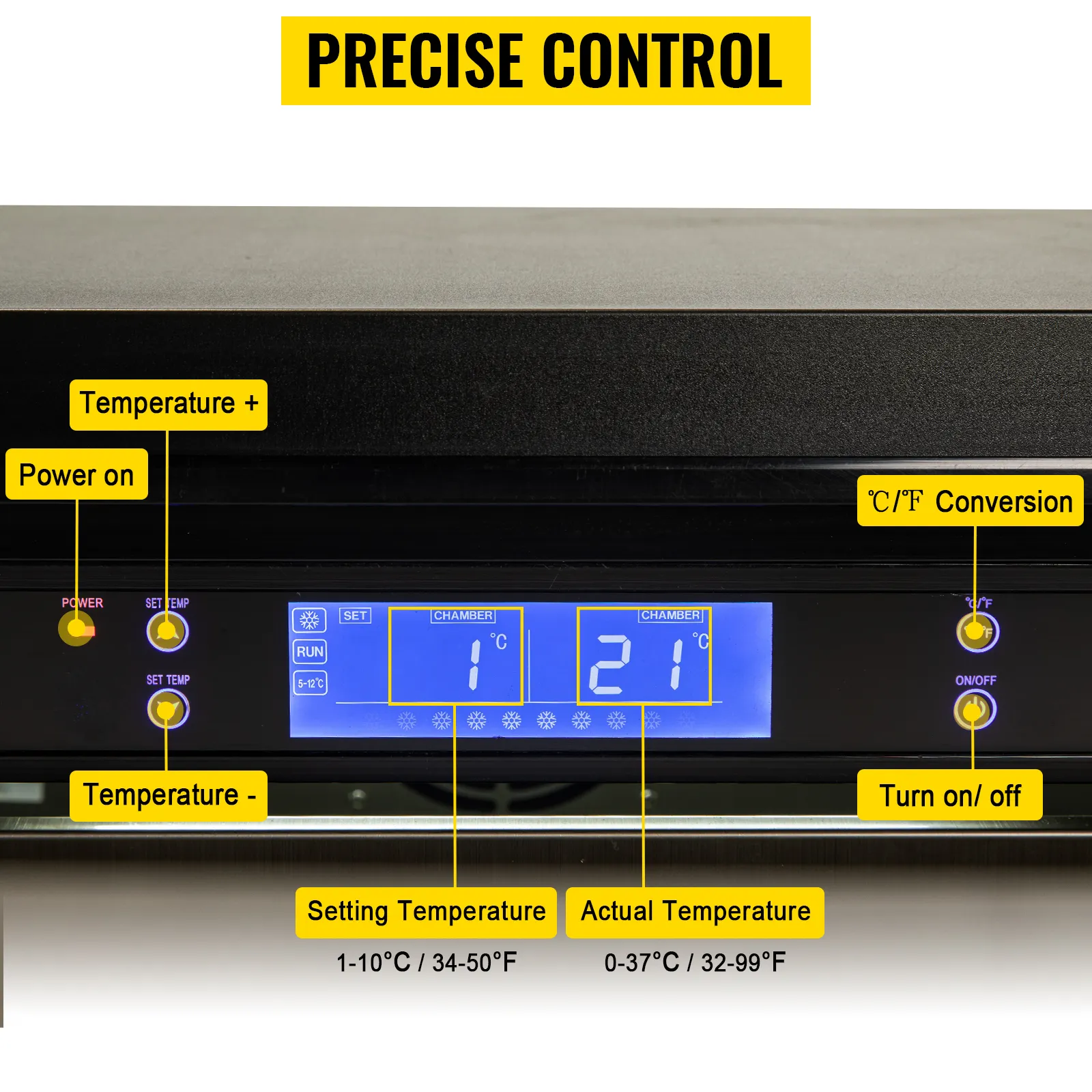 Panel de control LED del refrigerador debajo del mostrador VEVOR que muestra las temperaturas con botones de encendido y configuraciones.