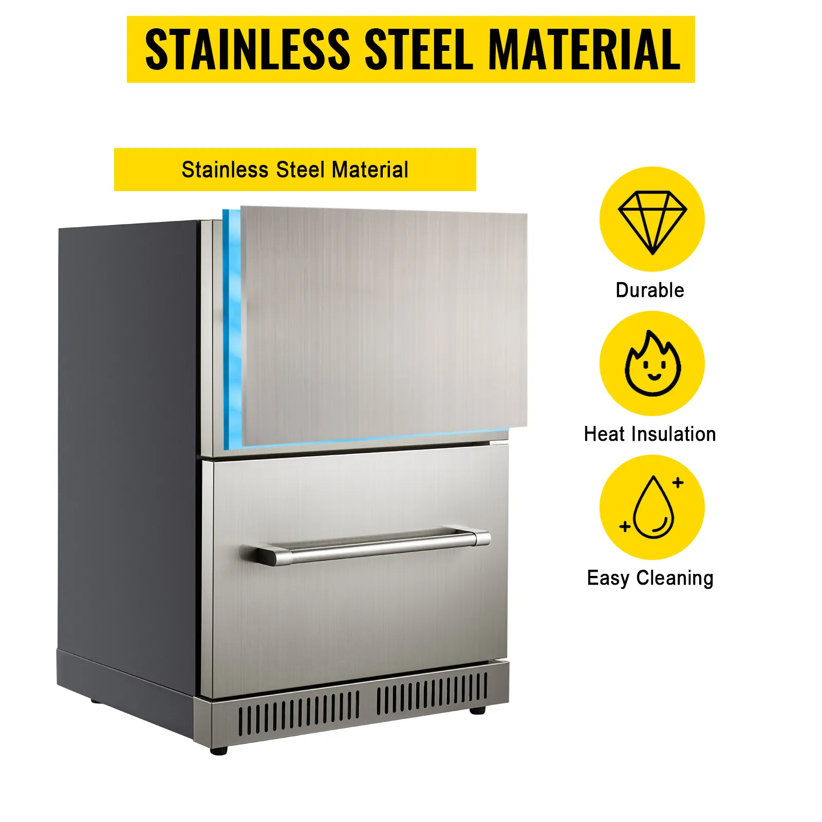 Frigorífico bajo encimera VEVOR, acero inoxidable, aislamiento térmico, fácil limpieza, duradero, cajones dobles.