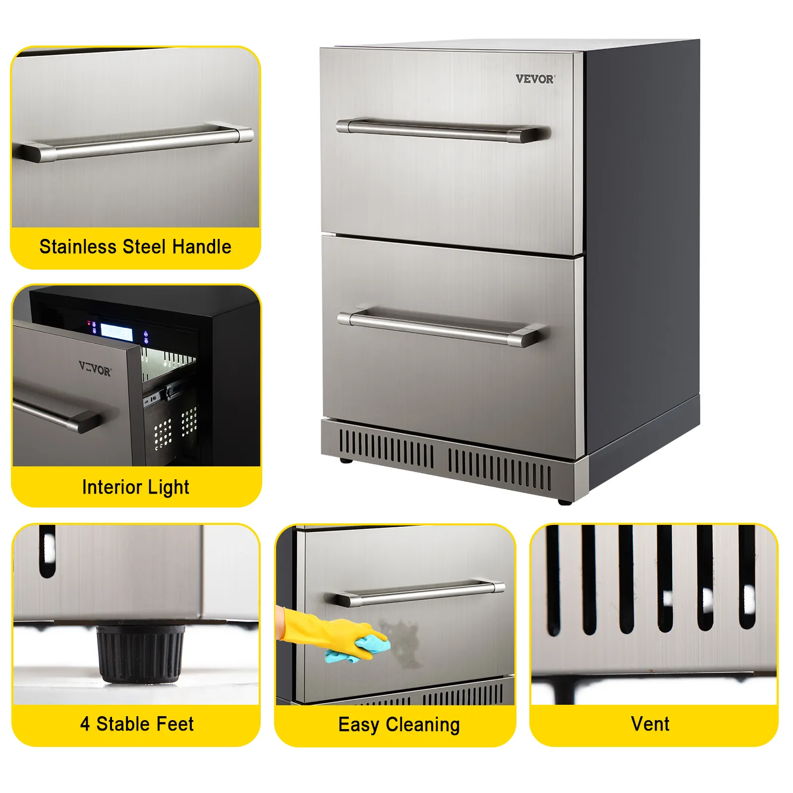 Refrigerador bajo encimera VEVOR con manijas de acero inoxidable, luz interior, 4 patas estables y ventilación.