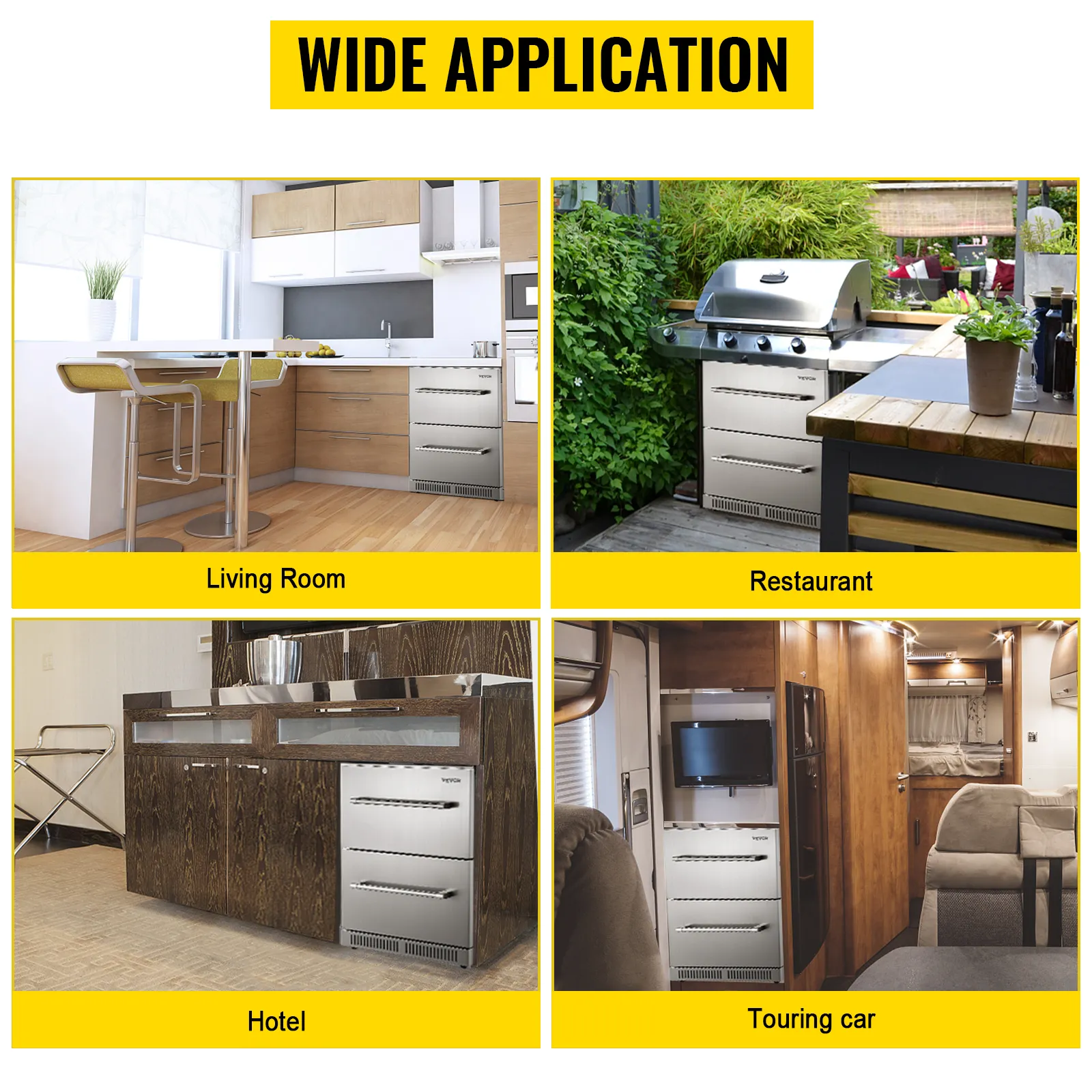 Frigorífico bajo encimera VEVOR para uso en salas de estar, restaurantes, hoteles y turismos.