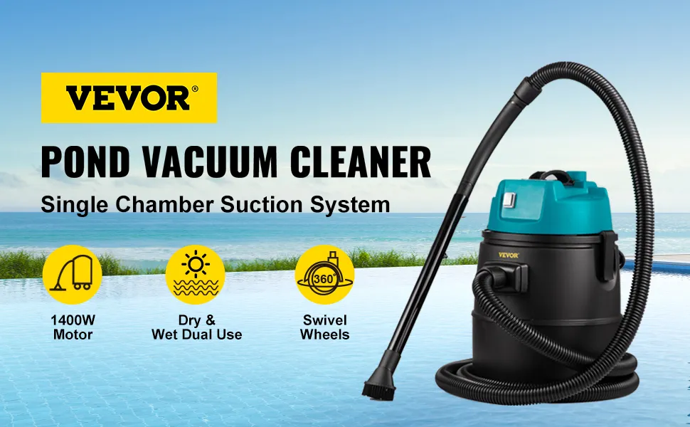 VEVOR pond vacuum cleaner with 1400w motor, dry and wet use, swivel wheels.