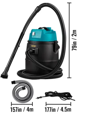 VEVOR pond vacuum cleaner with hoses and accessories, dimensions included.