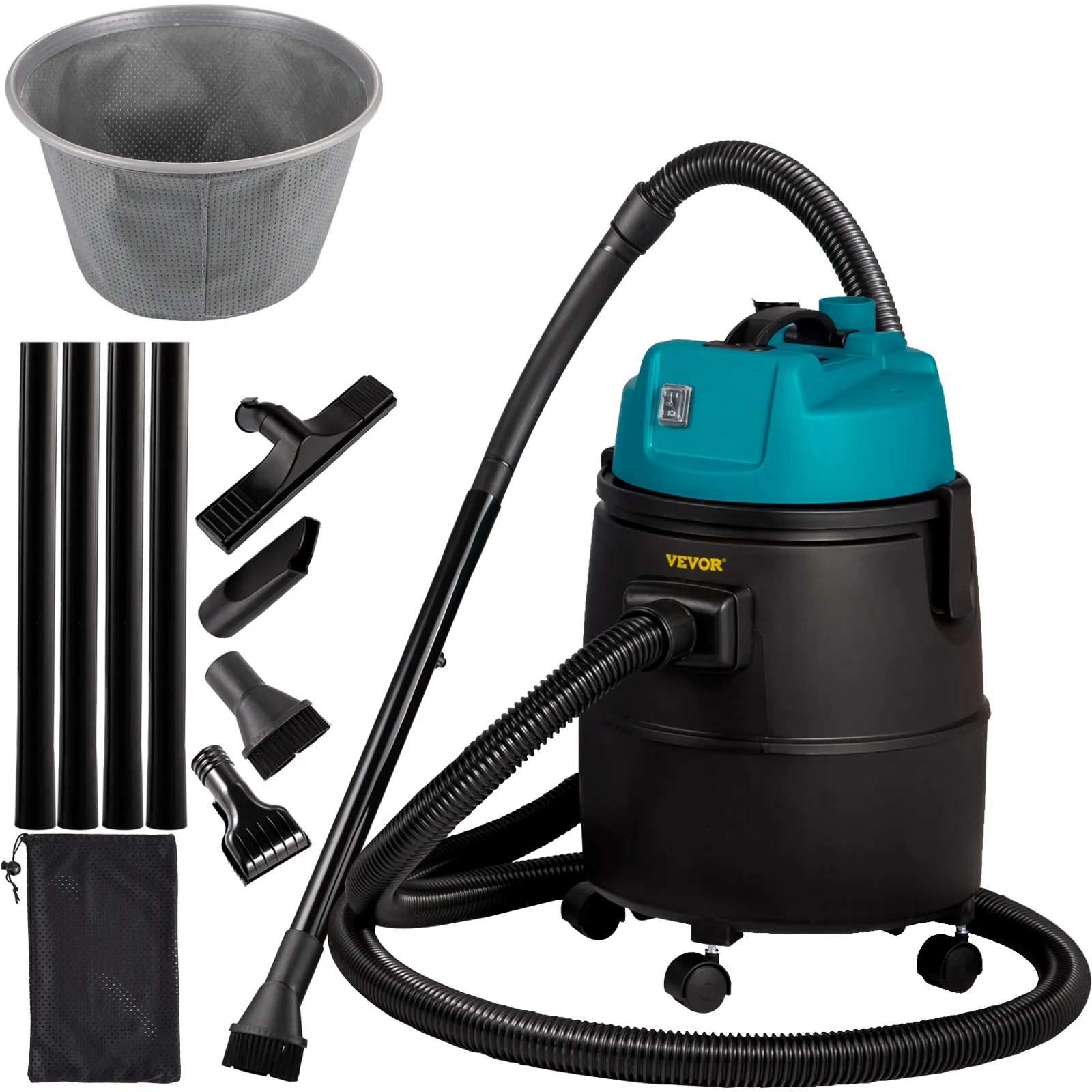 VEVOR pond vacuum cleaner with hoses, attachments, and mesh filter basket.