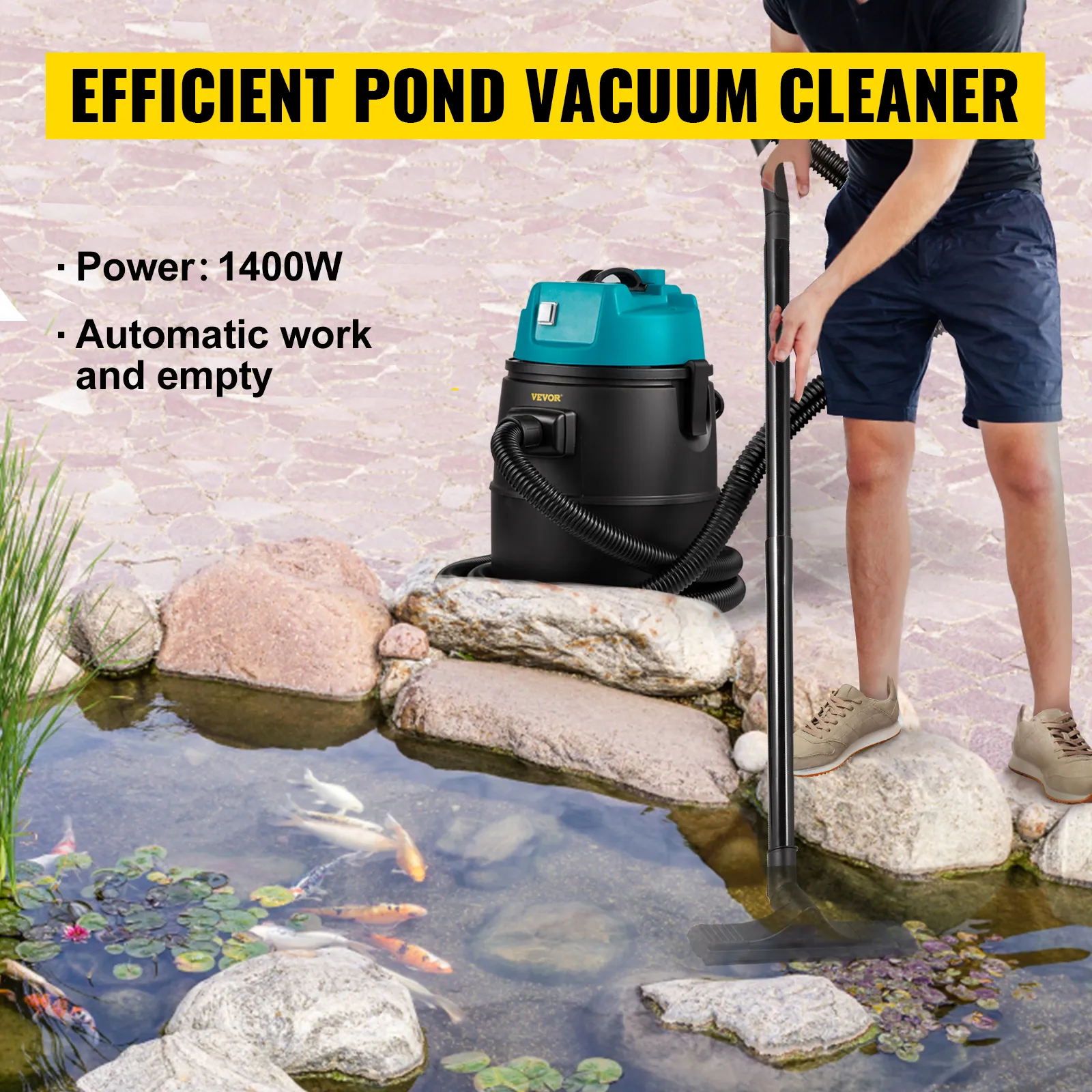 cleaning a pond with 1400w VEVOR pond vacuum cleaner; automatic work and empty.