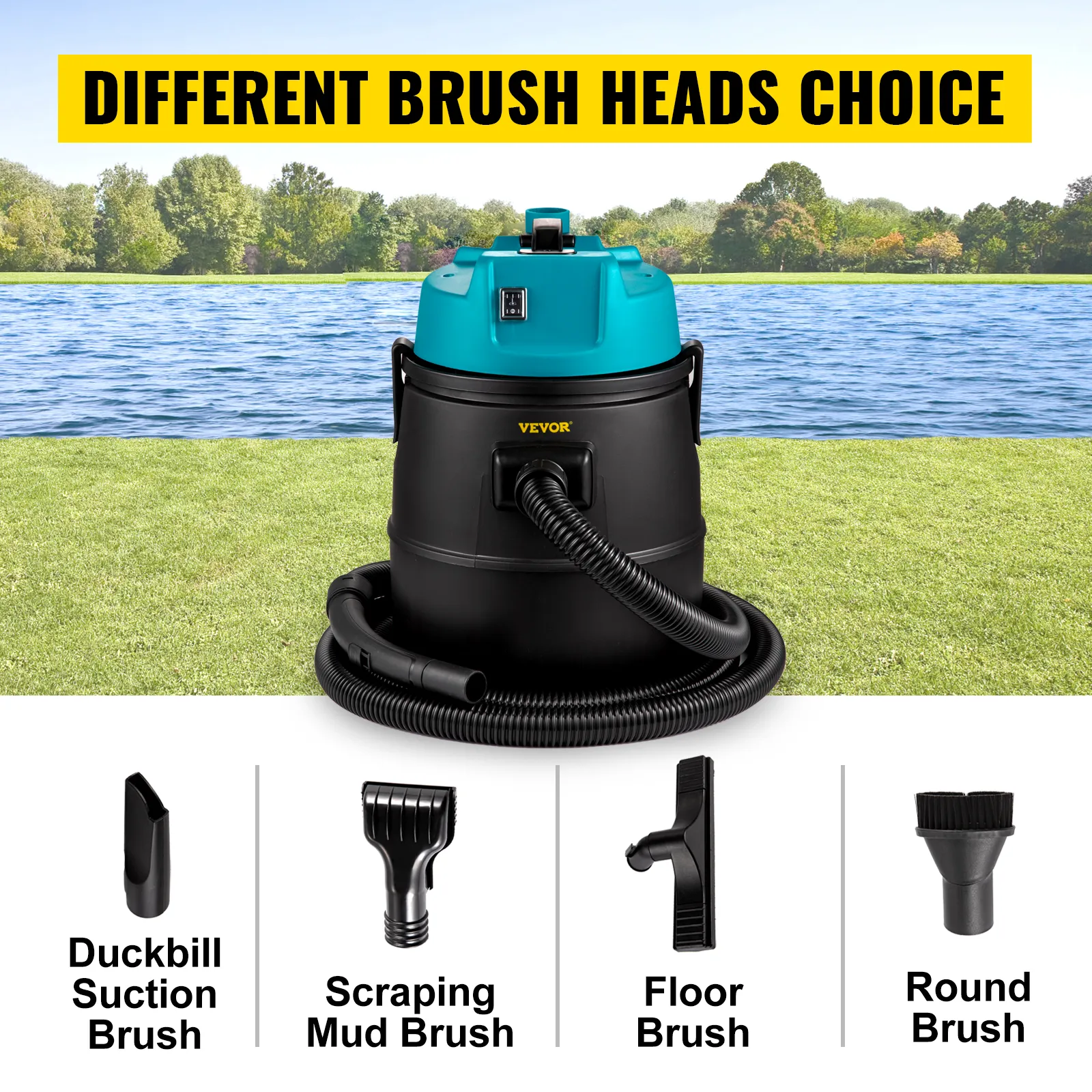 VEVOR pond vacuum cleaner with duckbill, mud scraping, floor, and round brushes.