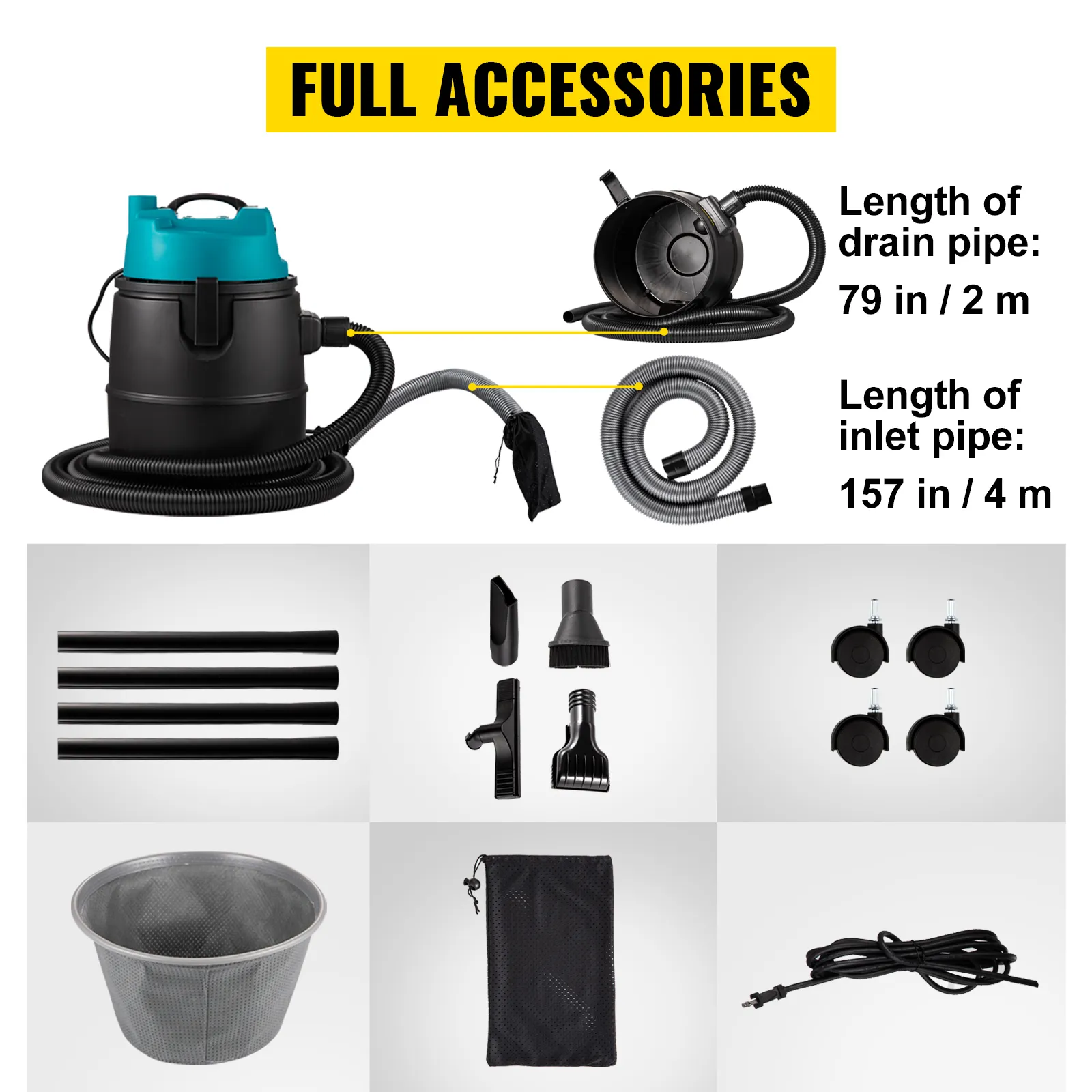 VEVOR pond vacuum cleaner with full accessories including hoses, nozzles, and connectors.
