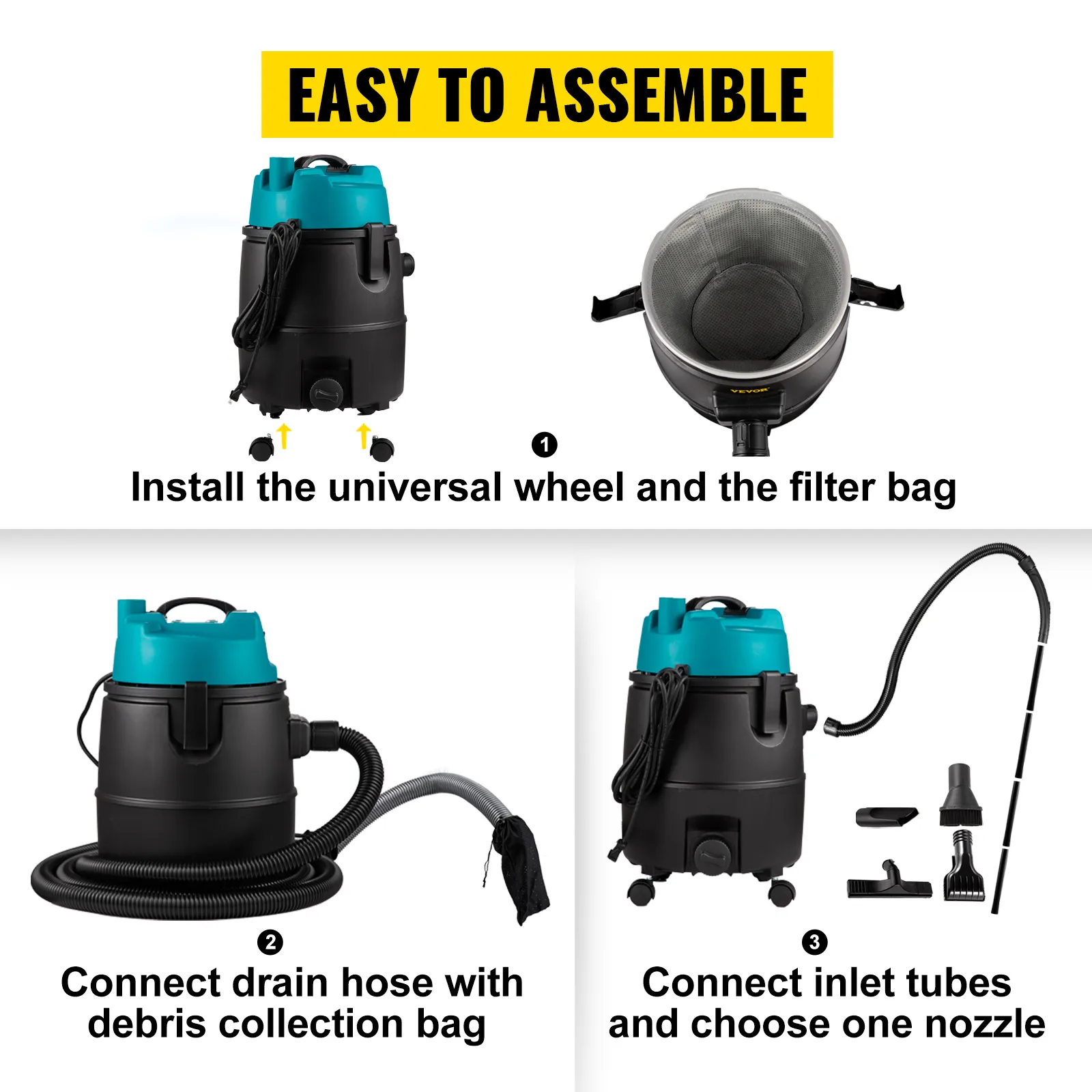 easy to assemble VEVOR pond vacuum cleaner with universal wheel, filter bag, and nozzles.