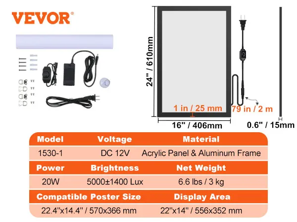 VEVOR led poster frame specs and parts, 20w power, 5000±1400 lux brightness, acrylic and aluminum frame.