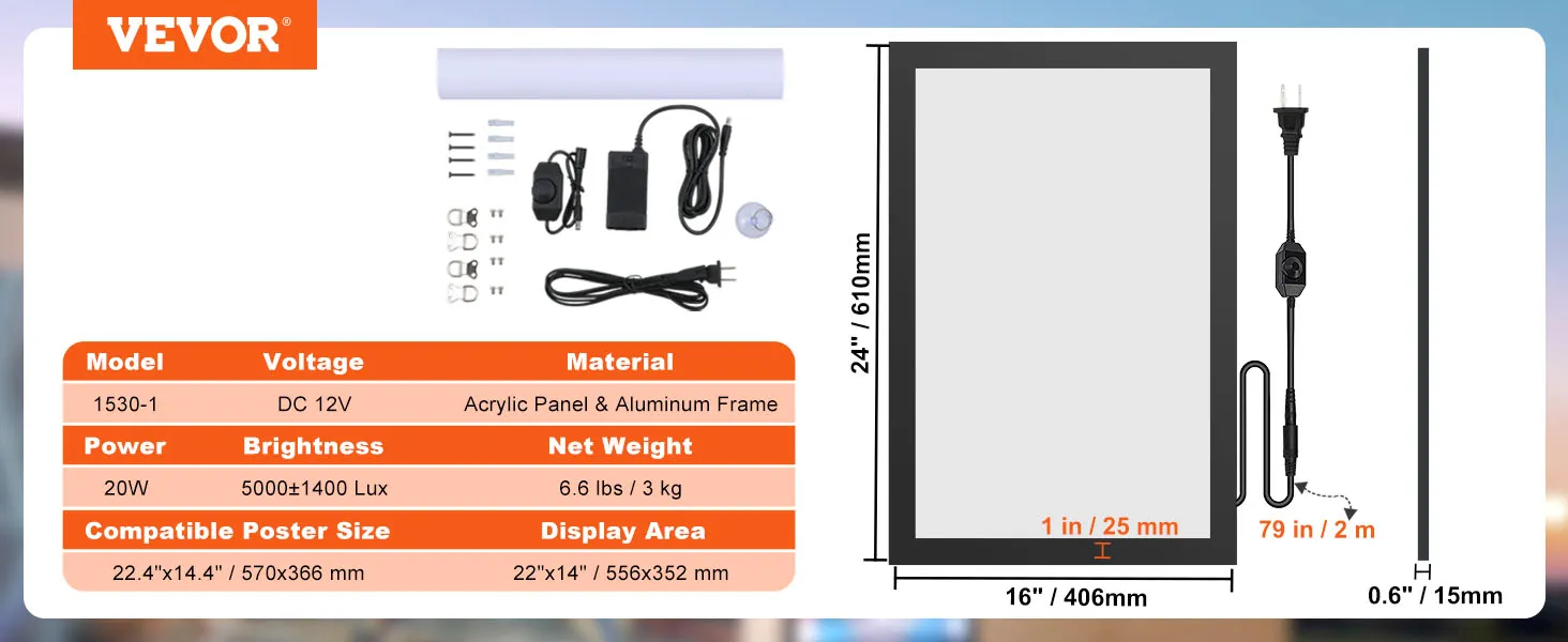 VEVOR led poster frame specs and parts, 20w power, 5000±1400 lux brightness, acrylic and aluminum frame.