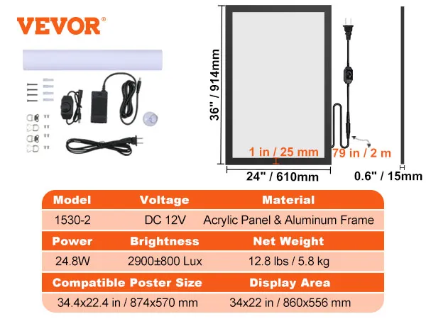 VEVOR led poster frame, 12v, 24.8w, 2900±800 lux, acrylic & aluminum, 34.4x22.4 in, 12.8 lbs.