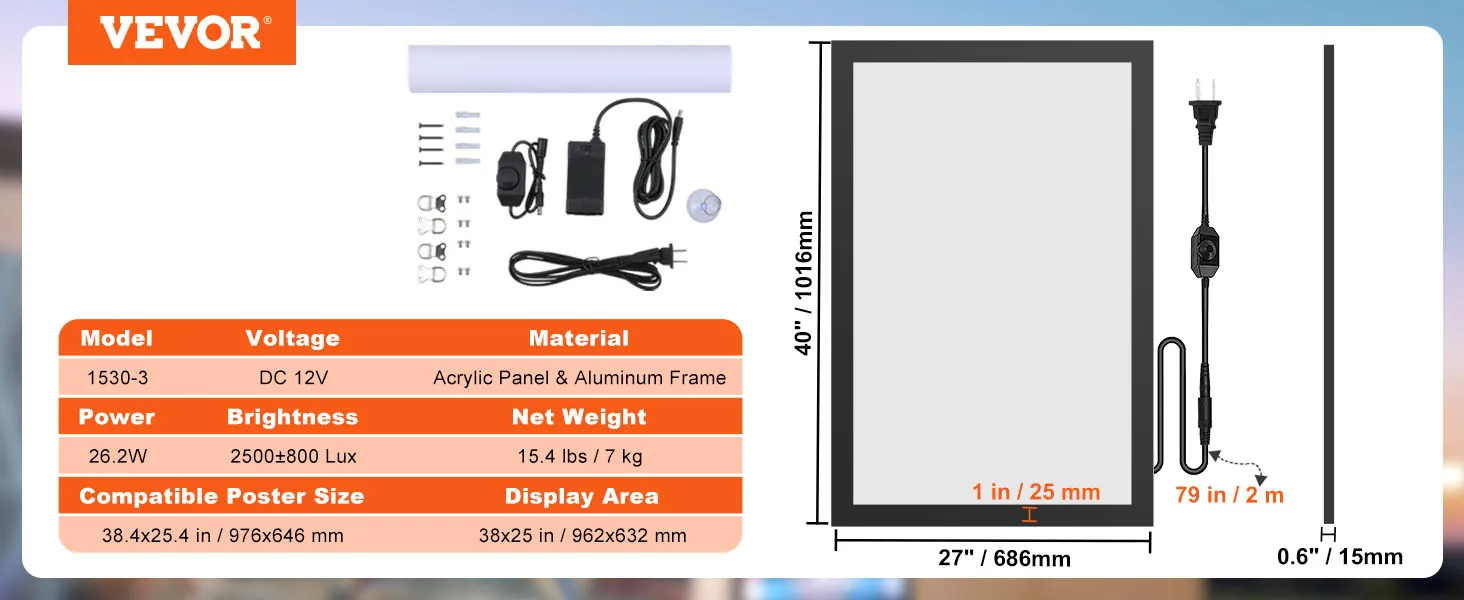 Marco de póster LED VEVOR con panel acrílico, dimensiones 40" x 27", 12 V CC, brillo de 2500 ± 800 lux.
