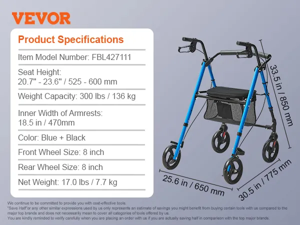VEVOR rollator walker with seat height 20.7"-23.6", weight capacity 300 lbs, and blue-black design.