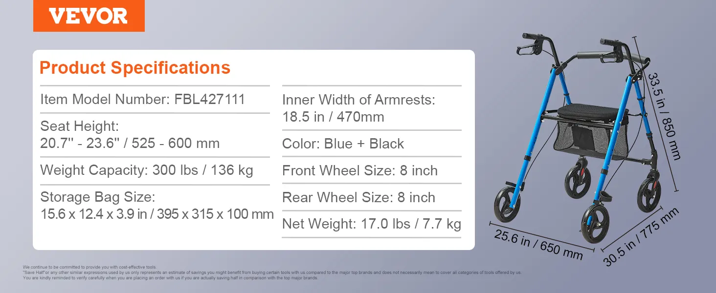 VEVOR rollator walker with seat height 20.7"-23.6", weight capacity 300 lbs, and blue-black design.