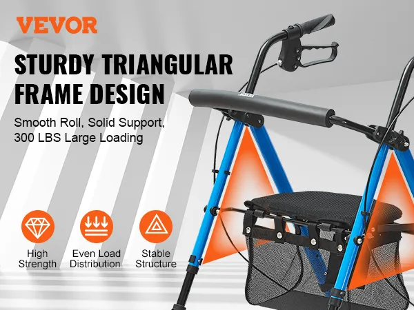 VEVOR rollator walker, sturdy triangular frame, high strength, even load distribution, and stable structure.