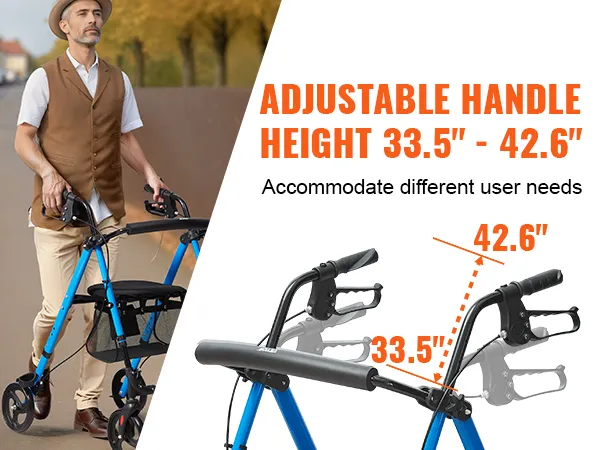 VEVOR rollator walker with adjustable handle height between 33.5" to 42.6" for various user needs.