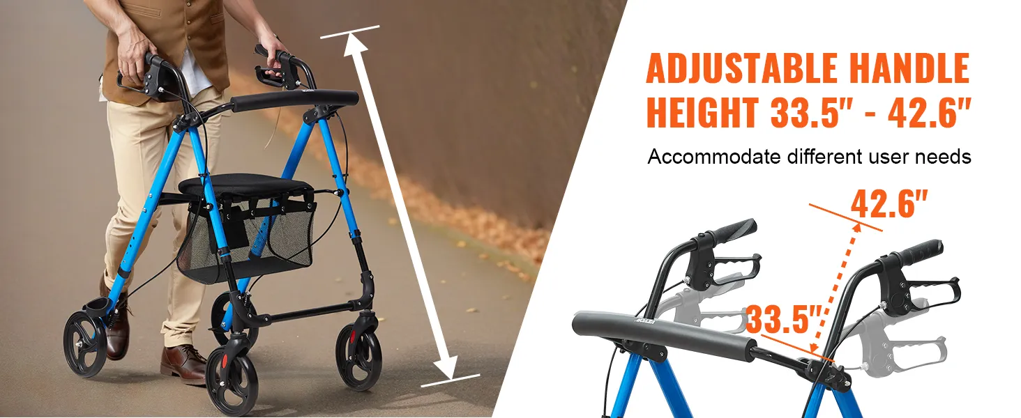 VEVOR rollator walker with adjustable handle height between 33.5" to 42.6" for various user needs.