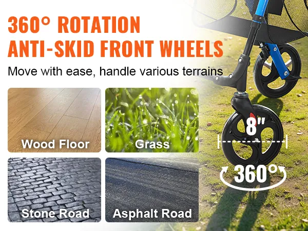 VEVOR rollator walker with 360° rotation 8" anti-skid front wheels for various terrains: wood floor, grass, stone road, asphalt road.