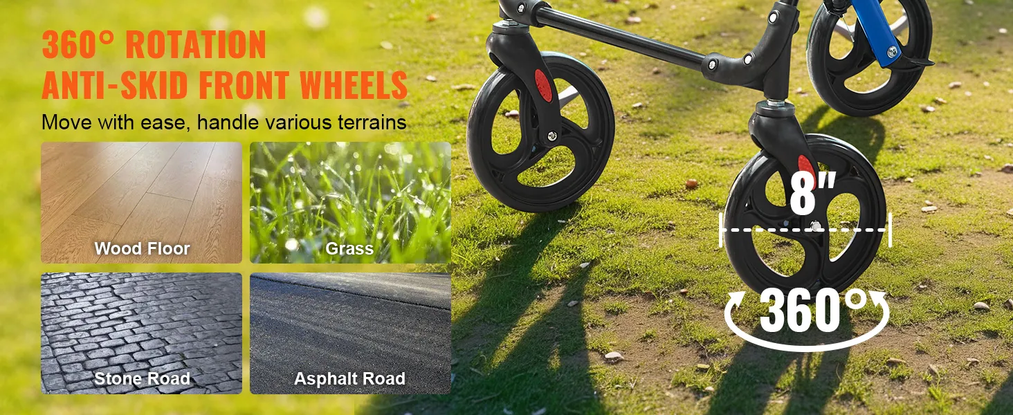 VEVOR rollator walker with 360° rotation 8" anti-skid front wheels for various terrains: wood floor, grass, stone road, asphalt road.