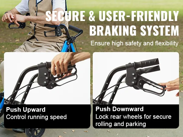 person using VEVOR rollator walker with secure braking system. close-ups of brake control mechanisms.