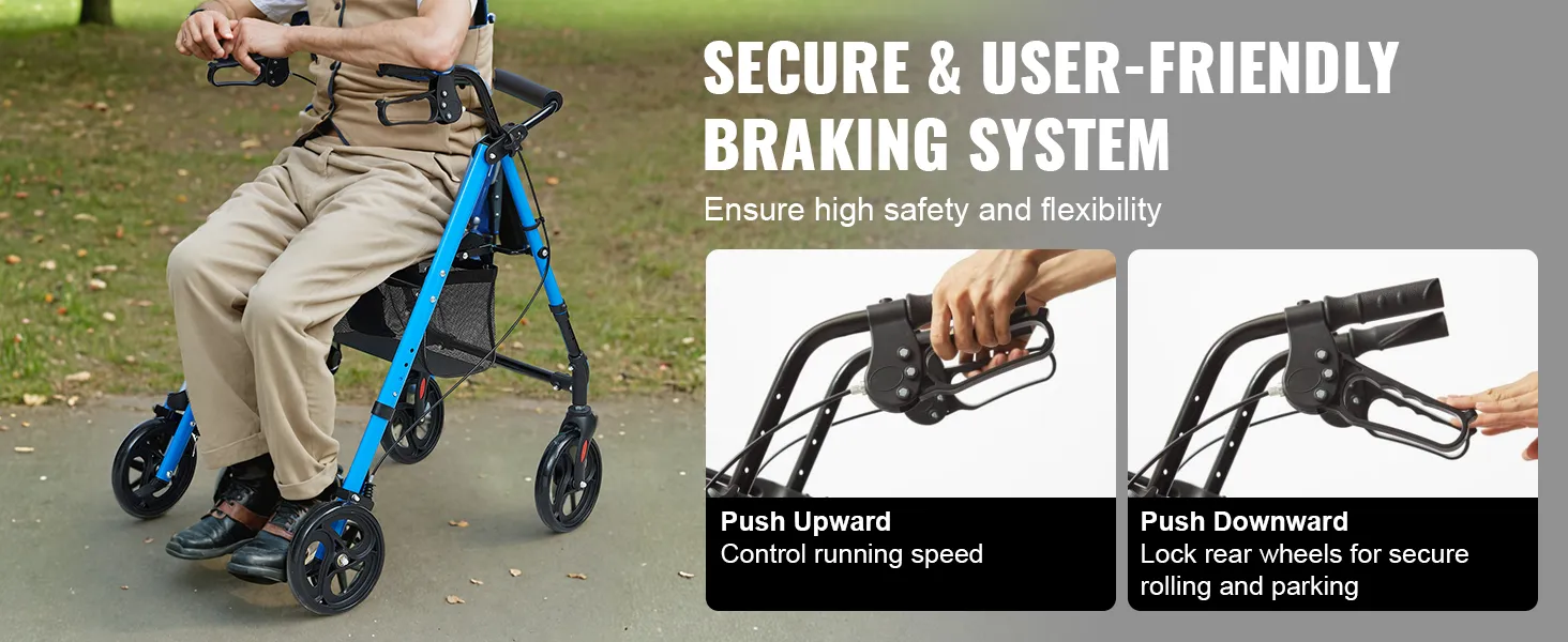 person using VEVOR rollator walker with secure braking system. close-ups of brake control mechanisms.