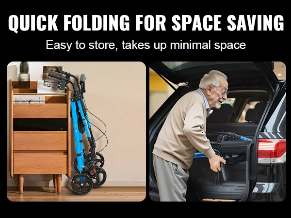 VEVOR rollator walker folded neatly next to a drawer and being loaded into a car trunk, saves space.