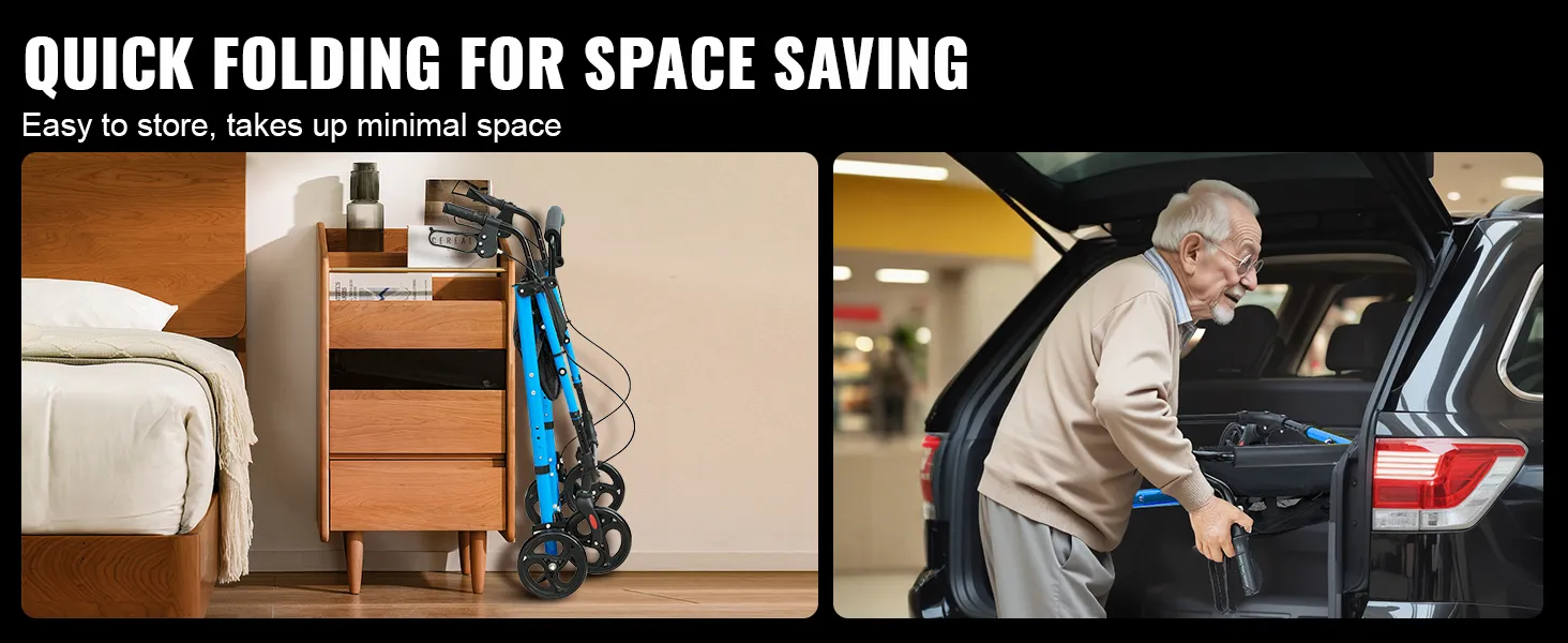 VEVOR rollator walker folded neatly next to a drawer and being loaded into a car trunk, saves space.