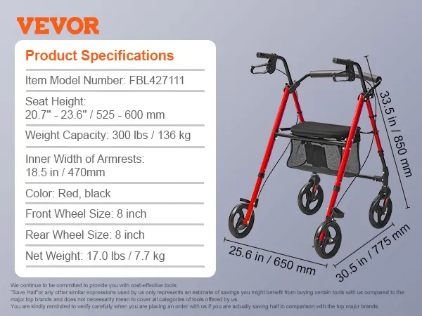 VEVOR rollator walker with 8-inch wheels, adjustable seat height, storage bag, and 300 lb weight capacity.
