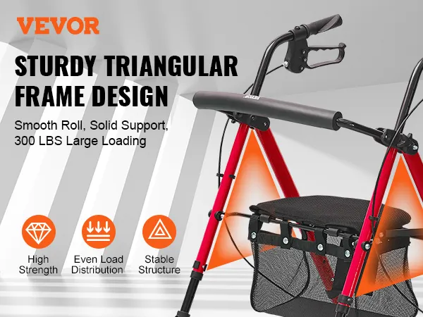 VEVOR rollator walker with strong triangular frame, high strength, even load distribution, stable structure.