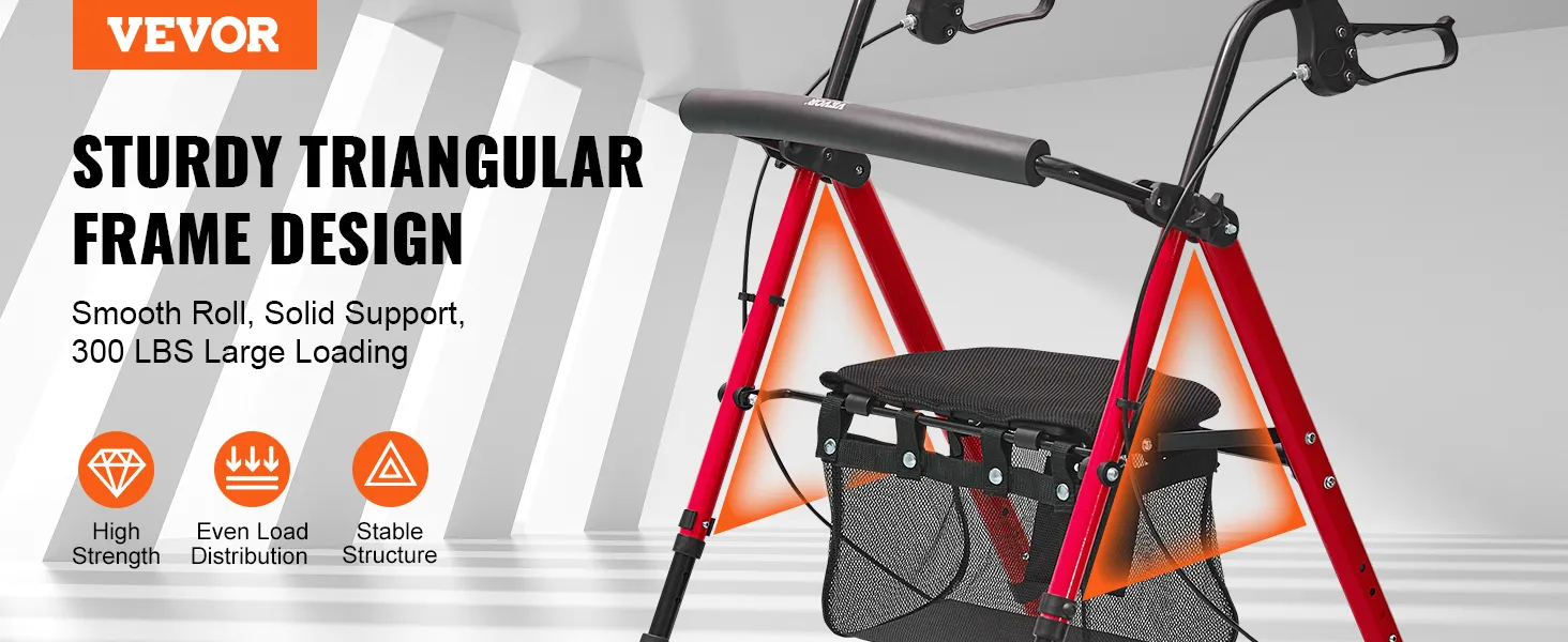 VEVOR rollator walker with strong triangular frame, high strength, even load distribution, stable structure.