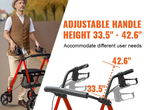 person using VEVOR rollator walker with adjustable handle height of 33.5 by 42.6 inches for varied needs.