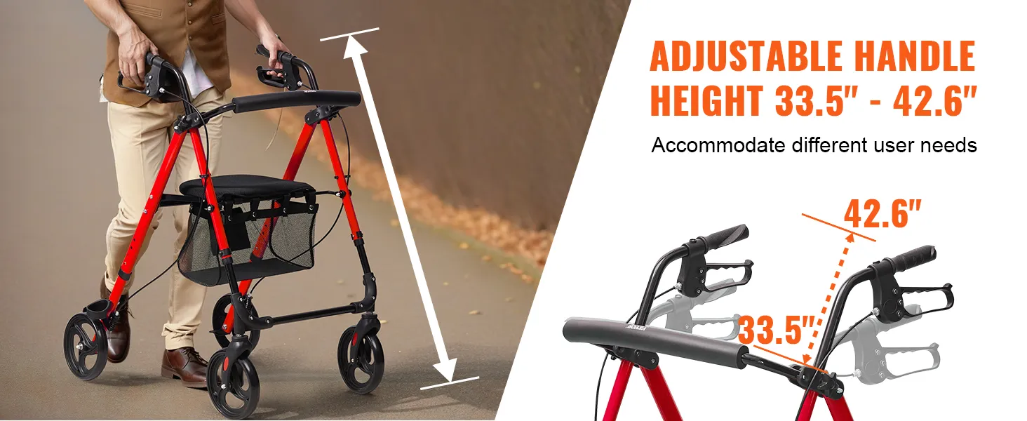 person using VEVOR rollator walker with adjustable handle height of 33.5 by 42.6 inches for varied needs.