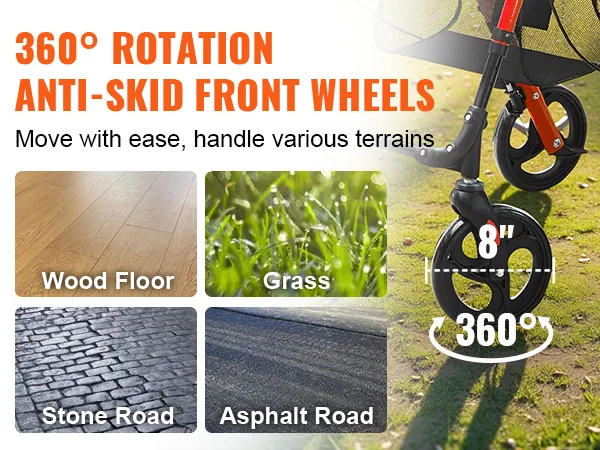 360° rotation anti-skid front wheels on VEVOR rollator walker for various terrains: wood floor, grass, stone road, asphalt road.