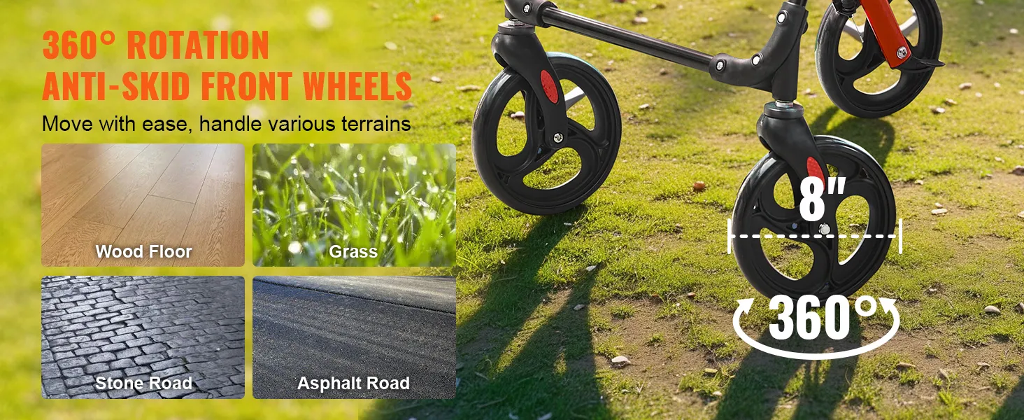 360° rotation anti-skid front wheels on VEVOR rollator walker for various terrains: wood floor, grass, stone road, asphalt road.