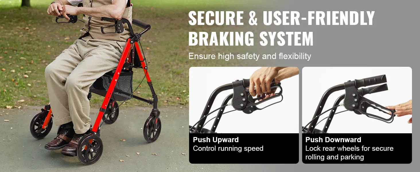 man using the VEVOR rollator walker with a secure braking system for safety and flexibility outdoors.