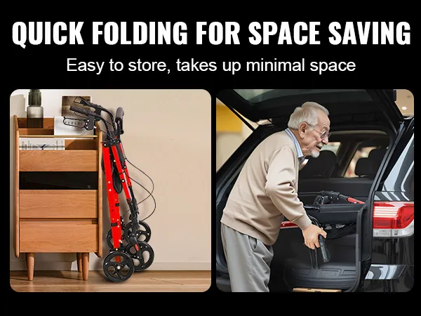 VEVOR rollator walker, folded for compact storage by the bed and being loaded into a car trunk.