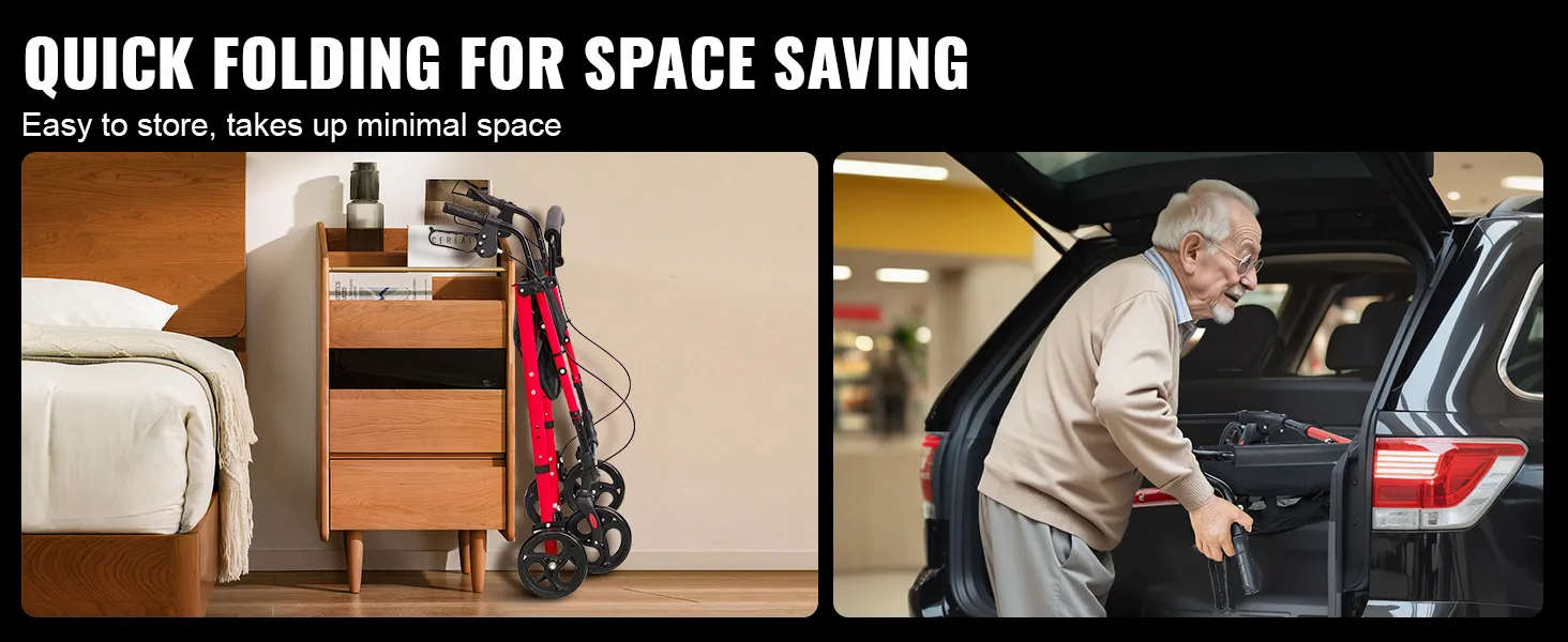 VEVOR rollator walker, folded for compact storage by the bed and being loaded into a car trunk.