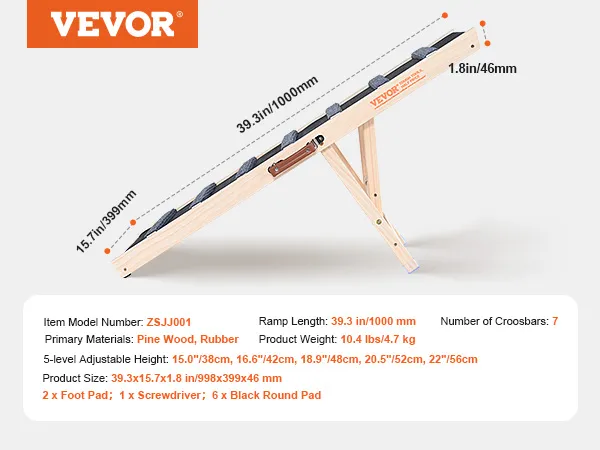 VEVOR dog ramp with adjustable height, pine wood, rubber material, 39.3in long, 7 crossbars.